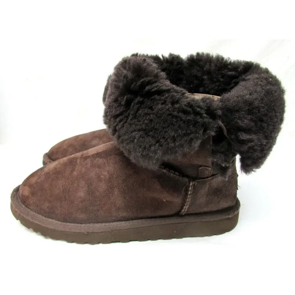 Used UGG Bailey Button Boots 5991Y Big Kid Youth Sz US 5 brown Suede Sheepskin